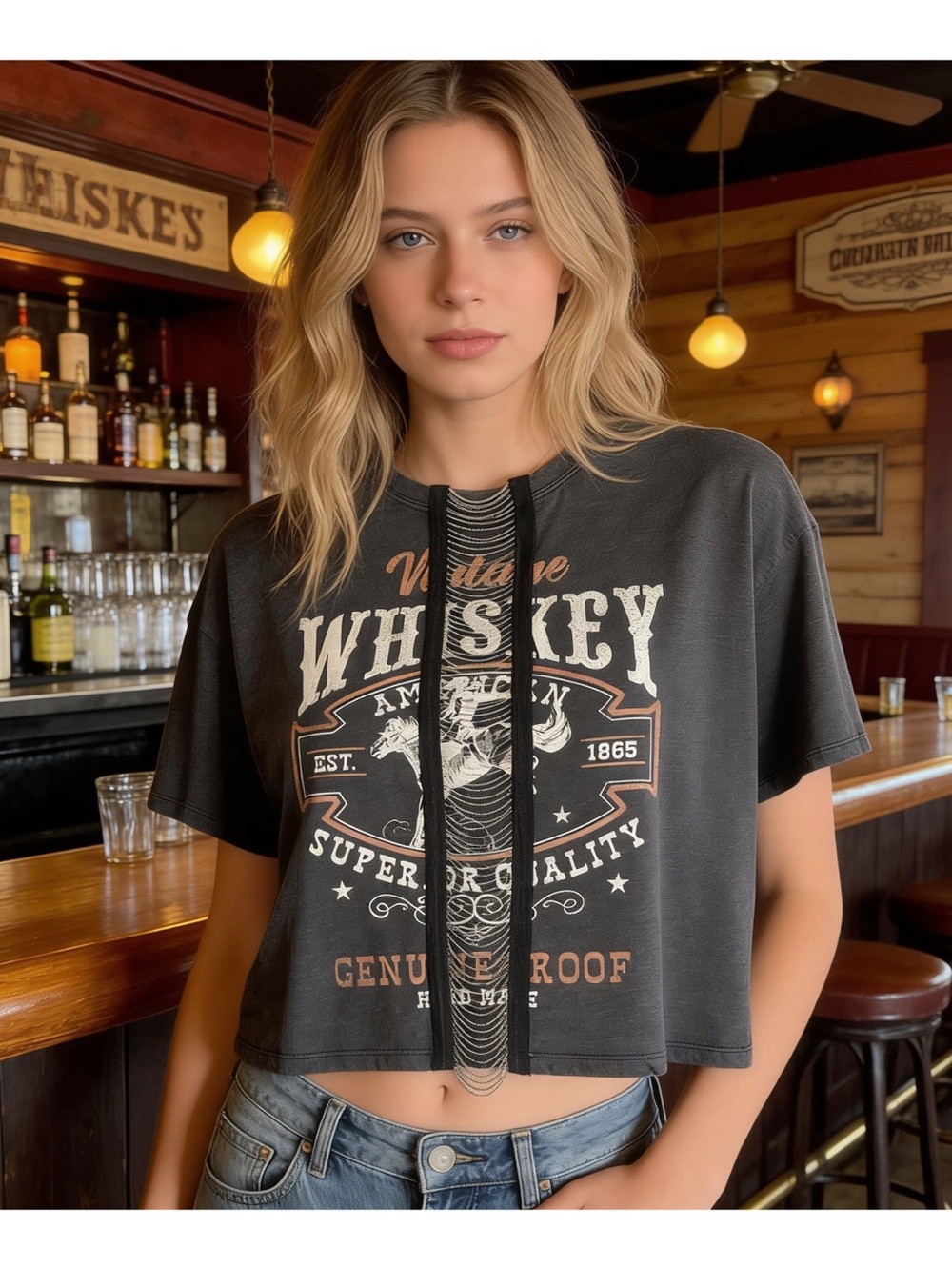 Shyanne Vintage Whiskey cropped graphic tee w/ chain detail • NWOT